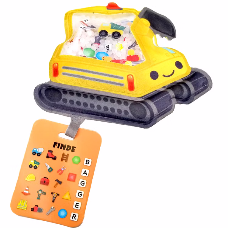Bagger Sensorik Reise-Spielzeug mir Perlen & versteckten Objekten ab 2 Jahren Reisespielzeug gegen Langeweile Motorik Förderung Spielzeug pädagogisches Spielzeug Kleinkinder Geschenkidee Konzentrationsspiel für Kinder Gelbes Bagger Sensorik-Spielzeug mit Perlenfüllung und Suchkarte. Kinder können versteckte Baustellen-Symbole und Buchstaben im Inneren find