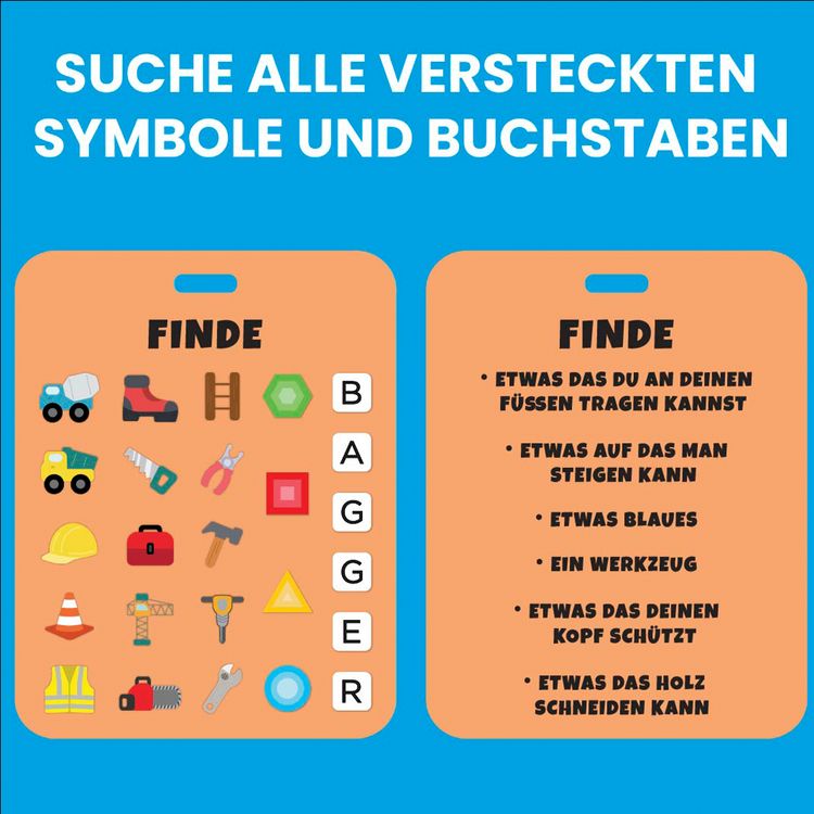 Gelbes Bagger Sensorik-Spielzeug mit Perlenfüllung und Suchkarte. Kinder können versteckte Baustellen-Symbole und Buchstaben im Inneren find