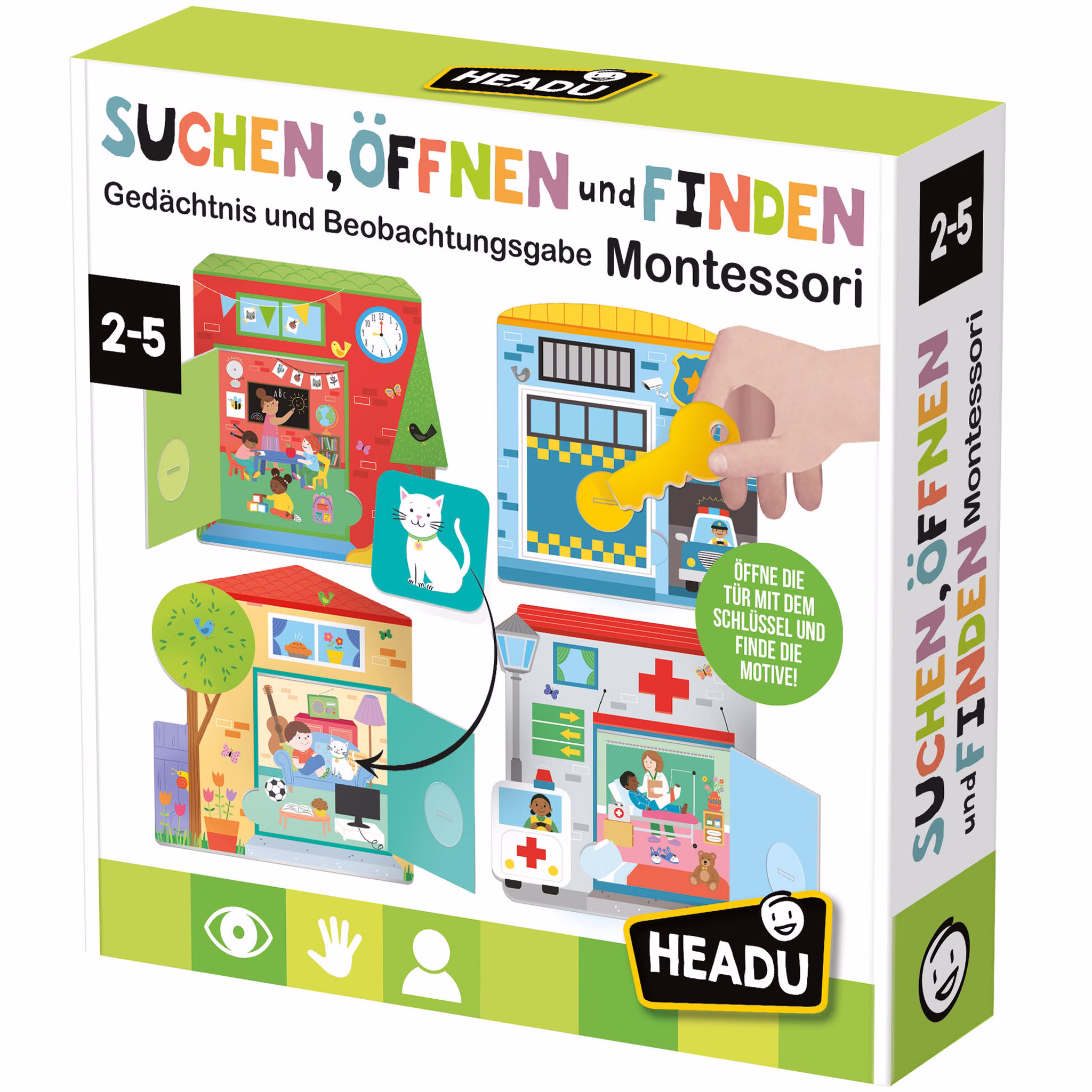 Suchen, Öffnen und Finden Montessori Gedächtnis- und Lernspiel für Kinder Spielwaren Spielzeug Geschenkidee Lernspielzeug für Kinder pädagogisches Spielzeug Kindergarten Suchspiel für Kinder Montessori Lernspiel „Suchen, Öffnen und Finden“ von HEADU mit vier Gebäude-Karten, Schlüssel und Suchkarten zur Förderung von Gedächtnis und Beobachtung.