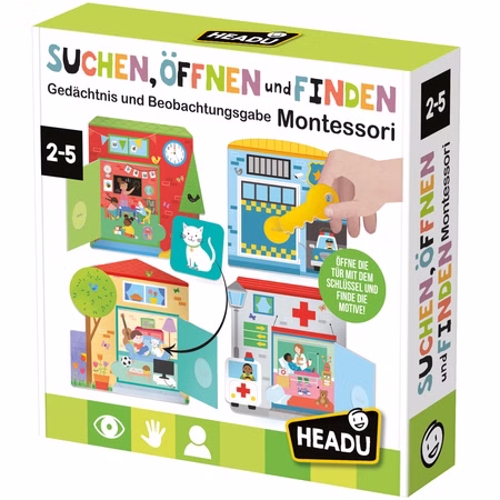 Suchen, Öffnen und Finden Montessori Gedächtnis- und Lernspiel für Kinder Spielwaren Spielzeug Geschenkidee Lernspielzeug für Kinder pädagogisches Spielzeug Kindergarten Suchspiel für Kinder Montessori Lernspiel „Suchen, Öffnen und Finden“ von HEADU mit vier Gebäude-Karten, Schlüssel und Suchkarten zur Förderung von Gedächtnis und Beobachtung.