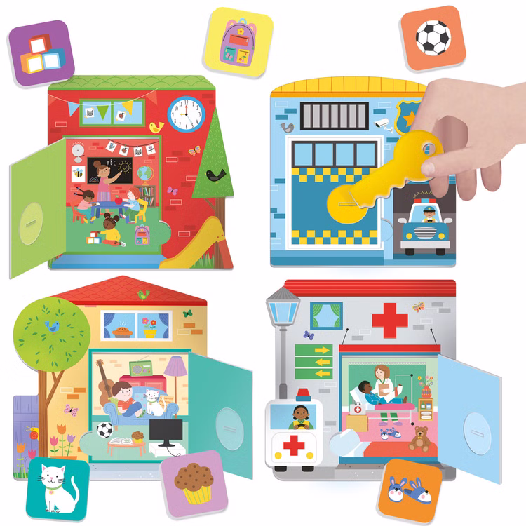 Suchen, Öffnen und Finden Montessori Gedächtnis- und Lernspiel für Kinder Spielwaren Spielzeug Geschenkidee Lernspielzeug für Kinder pädagogisches Spielzeug Kindergarten Suchspiel für Kinder Spielmaterial des Montessori Lernspiels mit vier Gebäuden, Schlüssel und Bildkarten. Kinder öffnen Türen und suchen versteckte Motive.