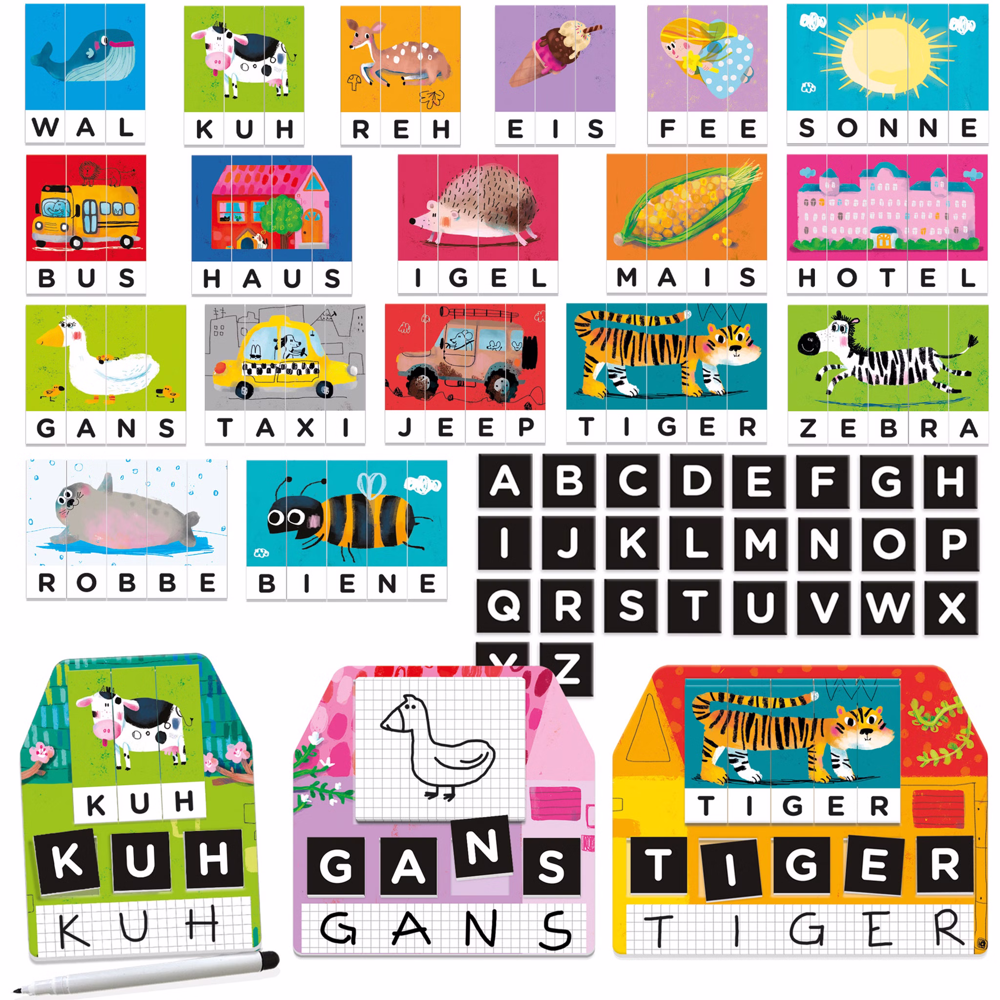 Schreibwerkstatt Montessori Lernspiel für Kinder auf drei verschiedene Weisen ABC-Schütze Lernmaterial pädagogisches Lernspiel für Kinder Wörter lernen Vorschule Geschenkidee Spielmaterial der Montessori Schreibwerkstatt mit Wortpuzzles, Buchstabenplättchen und Schreibtafeln zum Legen, Lesen und Schreiben von Wörtern.
