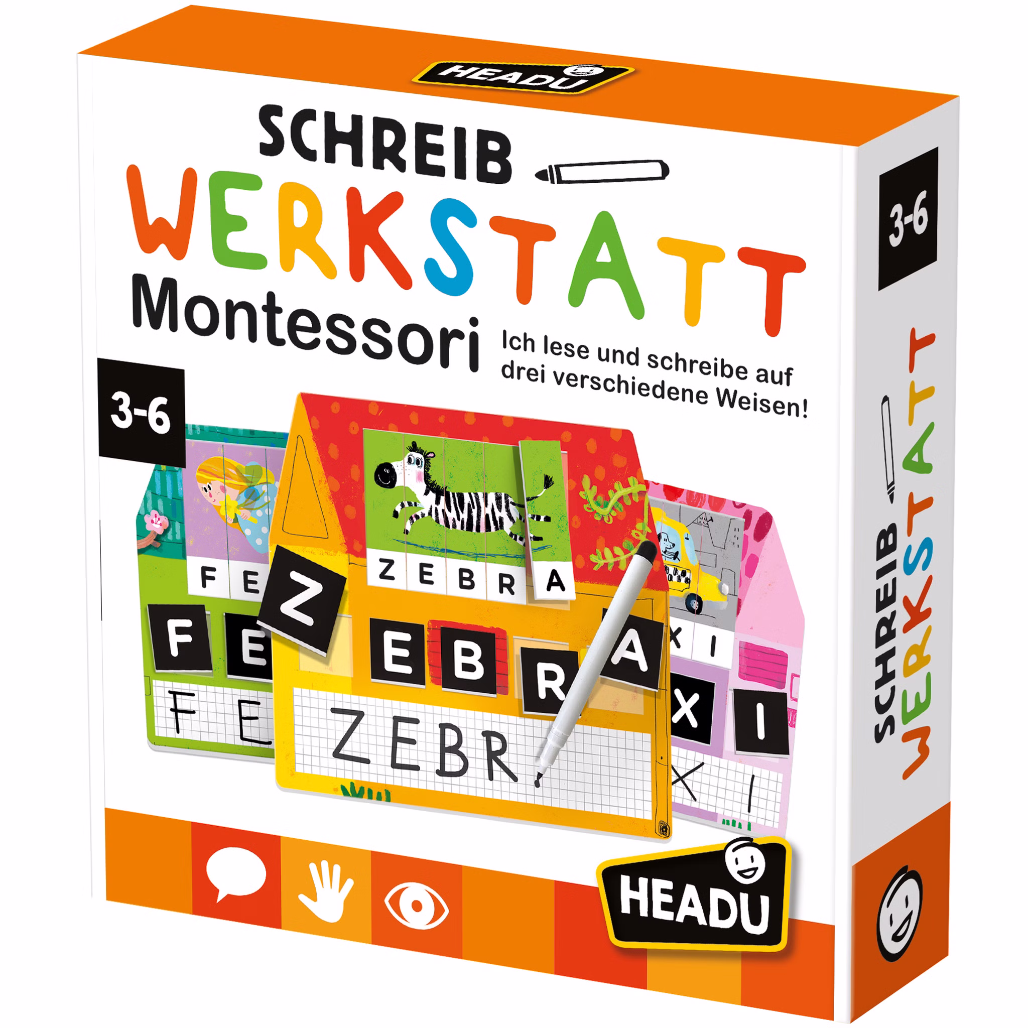 Schreibwerkstatt Montessori Lernspiel für Kinder auf drei verschiedene Weisen ABC-Schütze Lernmaterial pädagogisches Lernspiel für Kinder Wörter lernen Vorschule Geschenkidee Montessori Lernspiel „Schreibwerkstatt“ von HEADU für Kinder von 3 bis 6 Jahren zum Lesen, Schreiben und Buchstabenlernen.