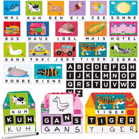 Schreibwerkstatt Montessori Lernspiel für Kinder auf drei verschiedene Weisen ABC-Schütze Lernmaterial pädagogisches Lernspiel für Kinder Wörter lernen Vorschule Geschenkidee Spielmaterial der Montessori Schreibwerkstatt mit Wortpuzzles, Buchstabenplättchen und Schreibtafeln zum Legen, Lesen und Schreiben von Wörtern.