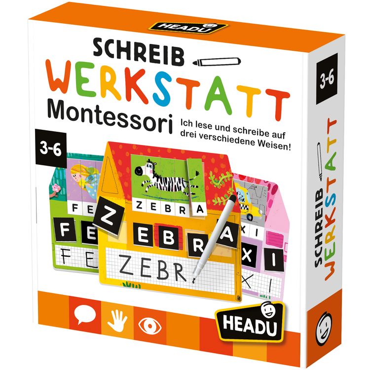 Schreibwerkstatt Montessori Lernspiel für Kinder auf drei verschiedene Weisen Montessori Lernspiel „Schreibwerkstatt“ von HEADU für Kinder von 3 bis 6 Jahren zum Lesen, Schreiben und Buchstabenlernen.