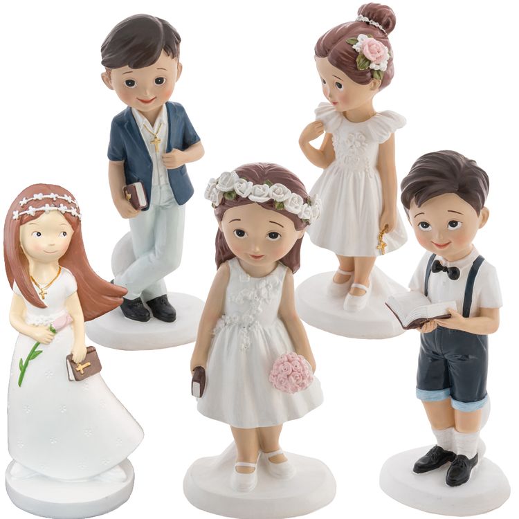 Dekofigur Mädchen zur Erstkommunion mit Blumenkranz, weißem Kleid, Bibel und rosa Blumenstrauß aus Kunstharz auf weißem Hintergrund.