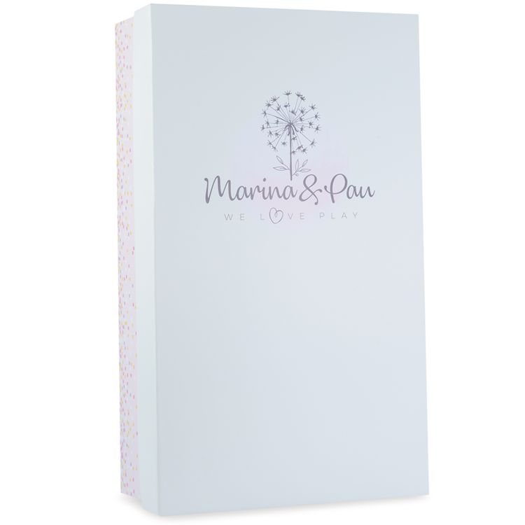 Realistische Spielpuppe Lotti 40 cm mit Soft-Body, braunen Haaren in zwei Zöpfen, Schleifen, Kleid und rosa Strickjacke, inklusive Schnuller.