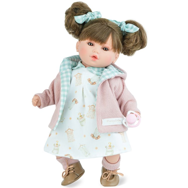 Realistische Spielpuppe Lotti 40 cm mit Soft-Body, braunen Haaren in zwei Zöpfen, Schleifen, Kleid und rosa Strickjacke, inklusive Schnuller.