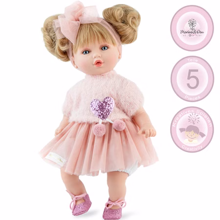 Puppe Isabella 40 cm mit Soft Body langen blonden Haaren für Kinder Spielpuppe Spielzeug Spielwaren für Kinder Geschenkidee Puppe Isabella mit Produktinformationen und Icons zu Größe, Setumfang und kreativem Spielen.