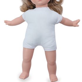 Puppe Isabella mit Produktinformationen und Icons zu Größe, Setumfang und kreativem Spielen.