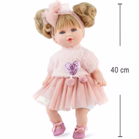 Puppe Isabella 40 cm mit Soft Body langen blonden Haaren für Kinder Spielpuppe Spielzeug Spielwaren für Kinder Geschenkidee Puppe Isabella 40 cm mit Maßangabe, zeigt Größe der Spielpuppe mit rosa Outfit und Haarband.
