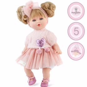 Puppe Isabella 40 cm mit Soft Body langen blonden Haaren für Kinder Spielpuppe Spielzeug Spielwaren für Kinder Geschenkidee Puppe Isabella mit Produktinformationen und Icons zu Größe, Setumfang und kreativem Spielen.