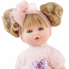 Puppe Isabella 40 cm mit Soft Body langen blonden Haaren für Kinder Spielpuppe Spielzeug Spielwaren für Kinder Geschenkidee Detailaufnahme der Puppe Isabella mit blonden Haaren, großen Augen und rosa Haarband mit Schleife.