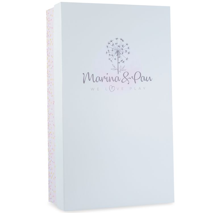 Puppe Isabella mit Produktinformationen und Icons zu Größe, Setumfang und kreativem Spielen.