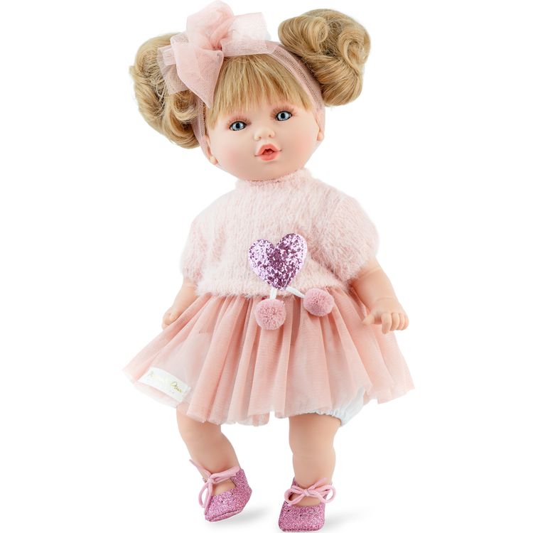 Puppe Isabella mit Produktinformationen und Icons zu Größe, Setumfang und kreativem Spielen.