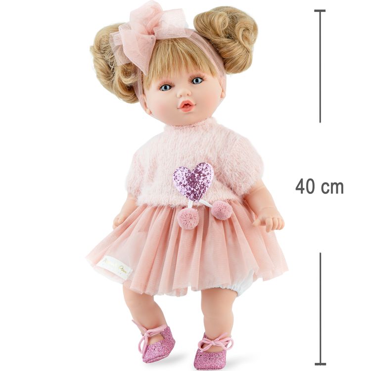 Puppe Isabella mit Produktinformationen und Icons zu Größe, Setumfang und kreativem Spielen.