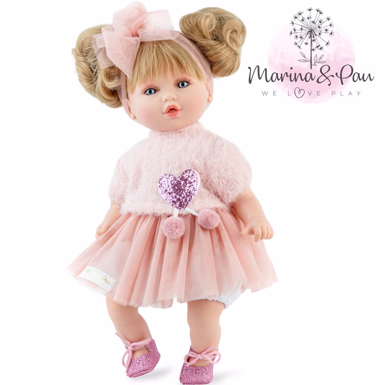 Puppe Isabella 40 cm mit Soft Body langen blonden Haaren für Kinder Spielpuppe Spielzeug Spielwaren für Kinder Geschenkidee Spielpuppe Isabella 40 cm komplett ausgestattet im rosa Outfit mit Markenlogo Marina & Pau.