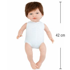 Puppe Mila mit Produktinformationen, inklusive 5-teiligem Set, Schnuller und Zubehör.