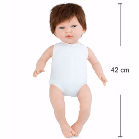 Puppe Mila 42 cm beweglich mit Softbody, Schnuller & Schildkröten-Rucksack Spielpuppe Spielzeug Spielwaren für Kinder Geschenkidee Spielpuppe Mila 42 cm mit Soft-Body und braunen Haaren, zeigt Größe und Proportionen der Puppe.