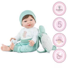 Puppe Mila 42 cm beweglich mit Softbody, Schnuller & Schildkröten-Rucksack Spielpuppe Spielzeug Spielwaren für Kinder Geschenkidee Puppe Mila mit Produktinformationen, inklusive 5-teiligem Set, Schnuller und Zubehör.