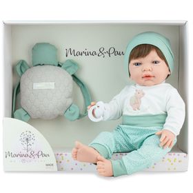 Puppe Mila mit Produktinformationen, inklusive 5-teiligem Set, Schnuller und Zubehör.