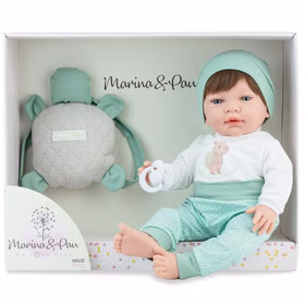 Puppe Mila 42 cm beweglich mit Softbody, Schnuller & Schildkröten-Rucksack Spielpuppe Spielzeug Spielwaren für Kinder Geschenkidee Puppe Mila im Geschenkset in Originalverpackung mit Schnuller und Schildkröten-Rucksack, ideal zum Verschenken