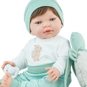 Puppe Mila mit Produktinformationen, inklusive 5-teiligem Set, Schnuller und Zubehör.