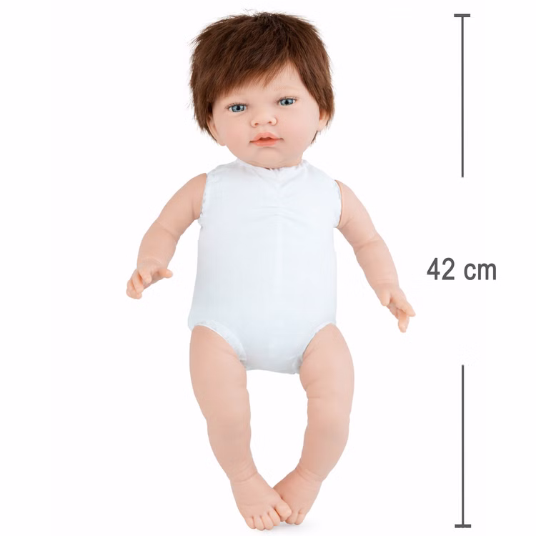 Puppe Mila 42 cm beweglich mit Softbody, Schnuller & Schildkröten-Rucksack Spielpuppe Spielzeug Spielwaren für Kinder Geschenkidee Spielpuppe Mila 42 cm mit Soft-Body und braunen Haaren, zeigt Größe und Proportionen der Puppe.