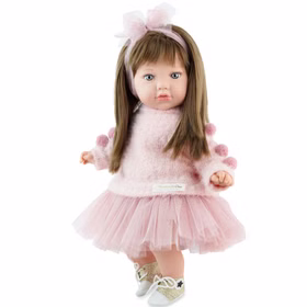 Puppe Vicky mit niedlichem Outfit, Softbody und langen Haaren, ideale Spielpuppe für Kinderhände stehend von Vorne.
