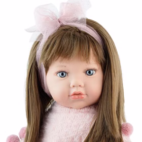 Puppe Vicky mit detailreichem Gesicht, blauen Augen und langen braunen Haaren, realistische Kinderpuppe.