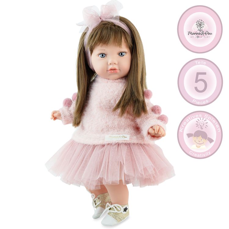 Puppe Vicky 45 cm mit Softbody und Zubehör, Kinderpuppe mit langen Haaren und 5-teiligem Outfit.