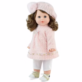 Puppe Stella 42 cm mit Softbody, langen Haaren und Schlafaugen für Kinder Spielpuppe Spielzeug Spielwaren für Kinder Geschenkidee Detailreiche Kinderpuppe Stella 42 cm mit weichem Körper, braunen Locken, Schlafaugen und rosa Outfit mit Mütze.
