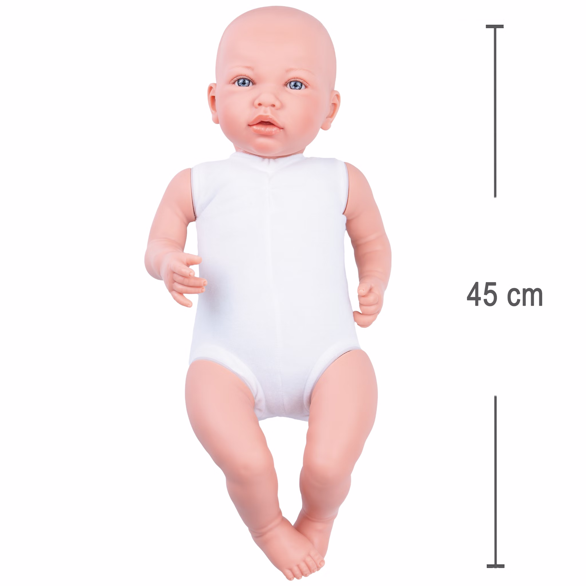 Puppe Lia 45 cm mit Soft-Body mit Schnuller, Windel & Babyflasche für Kinder Spielpuppe Spielzeug Spielwaren für Kinder Geschenkidee Babypuppe Lia mit Soft-Body in weißem Body mit Größenangabe 45 cm, ideal für Kinderhände.