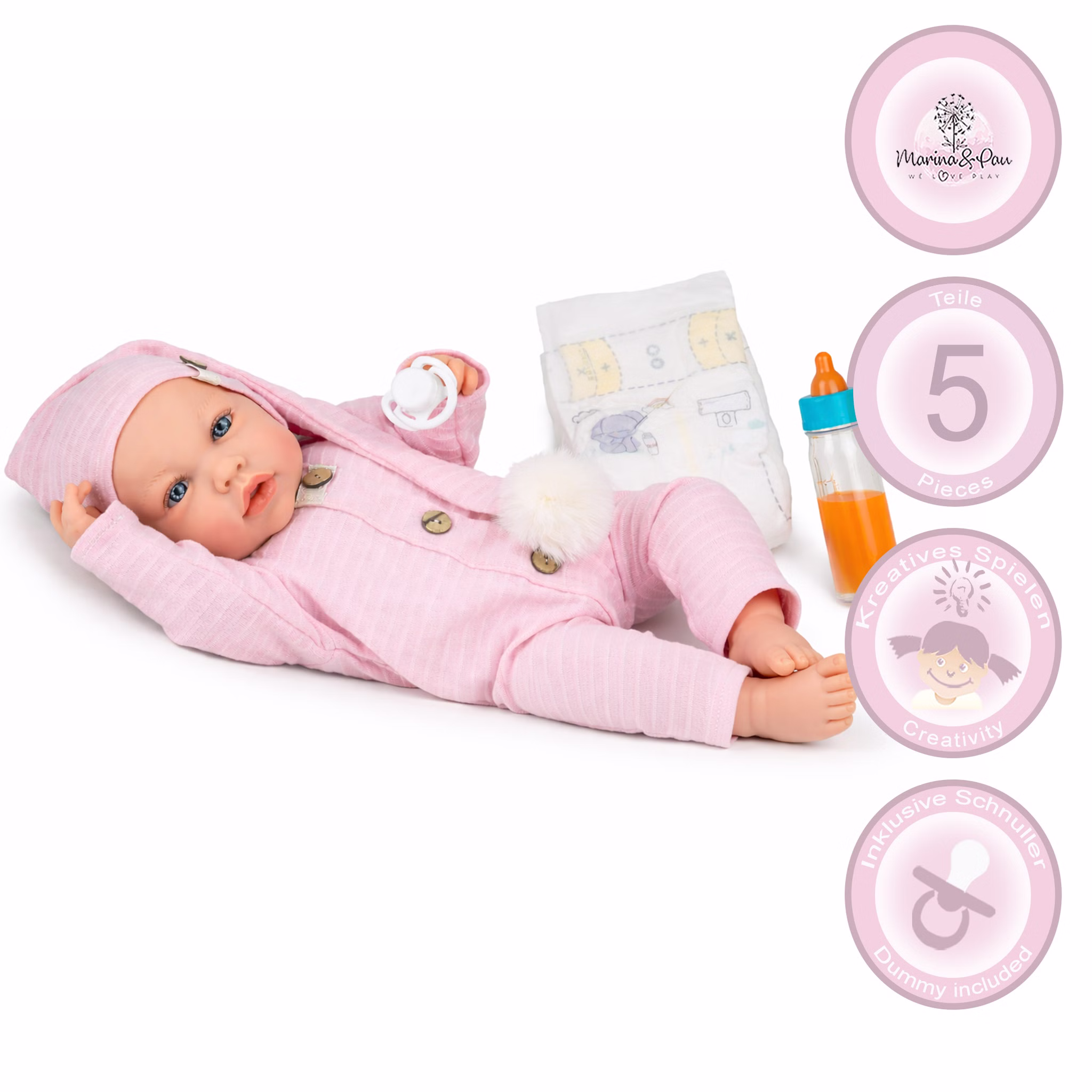 Puppe Lia 45 cm mit Soft-Body mit Schnuller, Windel & Babyflasche für Kinder Spielpuppe Spielzeug Spielwaren für Kinder Geschenkidee Babypuppen-Set Lia mit 5 Teilen inklusive Schnuller, Windel und Babyflasche, kreative Spielmöglichkeiten.