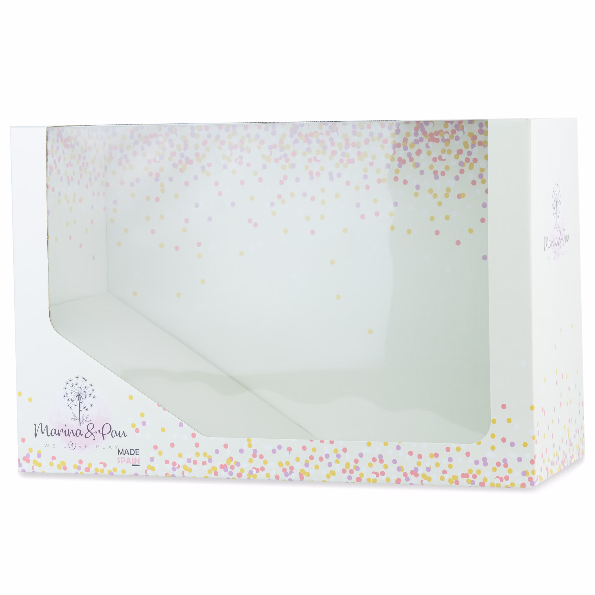 Puppe Lia 45 cm mit Soft-Body mit Schnuller, Windel & Babyflasche für Kinder Spielpuppe Spielzeug Spielwaren für Kinder Geschenkidee Original Verpackung der Babypuppe Lia mit Sichtfenster und buntem Konfetti-Design.