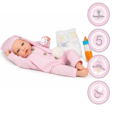 Puppe Lia 45 cm mit Soft-Body mit Schnuller, Windel & Babyflasche für Kinder