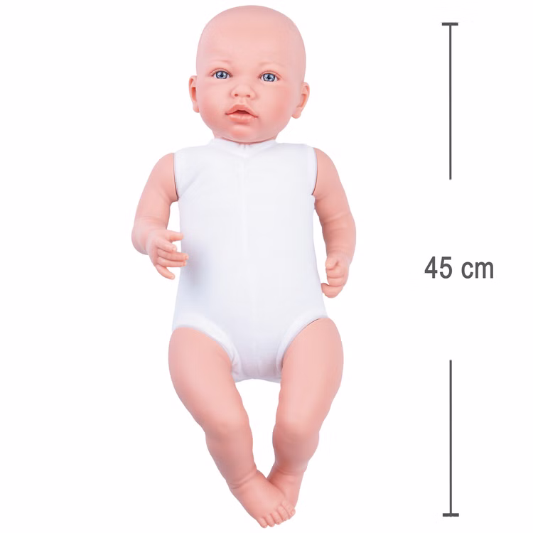 Puppe Lia 45 cm mit Soft-Body mit Schnuller, Windel & Babyflasche für Kinder Spielpuppe Spielzeug Spielwaren für Kinder Geschenkidee Babypuppe Lia mit Soft-Body in weißem Body mit Größenangabe 45 cm, ideal für Kinderhände.