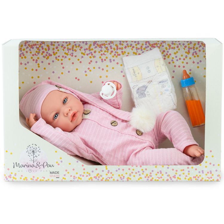 Babypuppen-Set Lia mit 5 Teilen inklusive Schnuller, Windel und Babyflasche, kreative Spielmöglichkeiten.