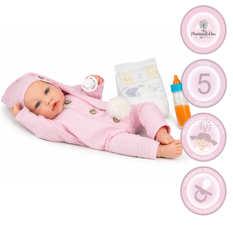 Babypuppen-Set Lia mit 5 Teilen inklusive Schnuller, Windel und Babyflasche, kreative Spielmöglichkeiten.