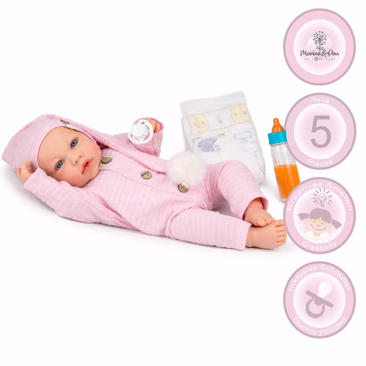 Puppe Lia 45 cm mit Soft-Body mit Schnuller, Windel & Babyflasche für Kinder Spielpuppe Spielzeug Spielwaren für Kinder Geschenkidee Babypuppen-Set Lia mit 5 Teilen inklusive Schnuller, Windel und Babyflasche, kreative Spielmöglichkeiten.