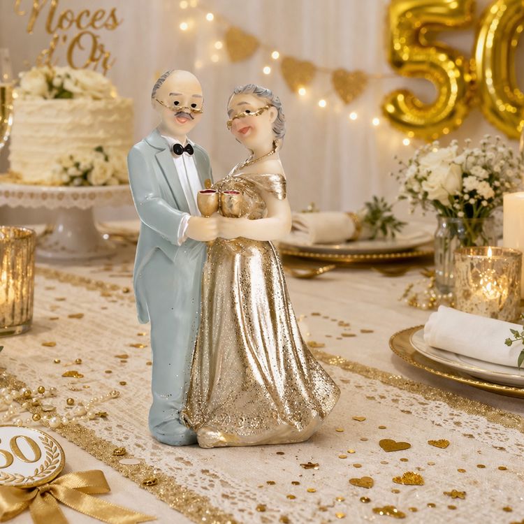 Figur eines älteren Ehepaares als Tortenaufsatz zur goldenen Hochzeit, Mann im hellen Anzug und Frau im goldenen Kleid stoßen mit Sektgläsern an.