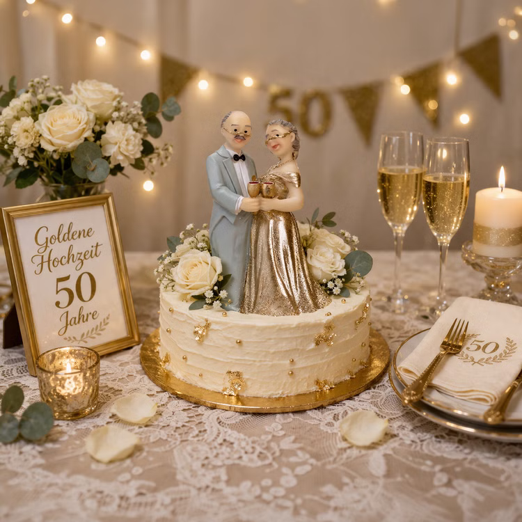 Tortenaufsatz Goldene Hochzeit Ehepaar Jubiläum Tisch-Deko Party-Zubehör Party-Deko Dekoration 50 Ehejahre Jubiläum Tortenaufsatz goldenes Ehepaar auf dekorierter Jubiläumstorte zur goldenen Hochzeit, umgeben von Blumen, Kerzen und goldener Tischdeko.