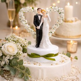 Tortenaufsatz Hochzeitspaar in Weiß mit Herz aus Rosen, Braut im Kleid und Bräutigam im Anzug auf dekorativem Sockel mit grünem Band.