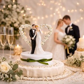 Tortenaufsatz Hochzeitspaar in Weiß mit Herz aus Rosen, Braut im Kleid und Bräutigam im Anzug auf dekorativem Sockel mit grünem Band.