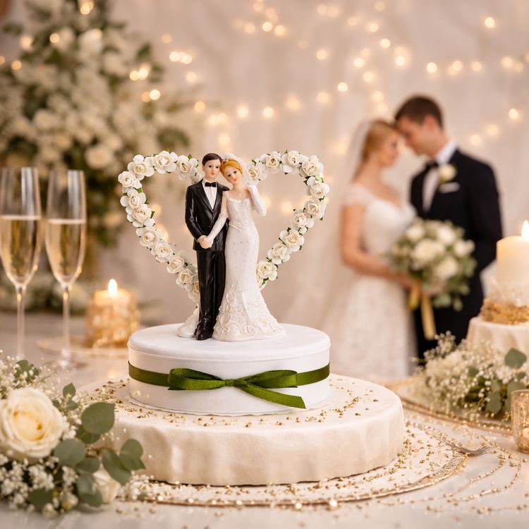 Figur Hochzeitspaar Weiß 16 cm Tortenaufsatz Tisch-Deko Party-Zubehör Tortenaufsatz Hochzeitspaar in Weiß mit Herz aus Rosen, Braut im Kleid und Bräutigam im Anzug auf dekorativem Sockel mit grünem Band.