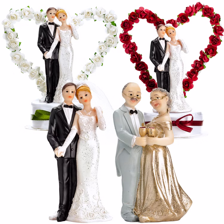 Figur Hochzeitspaar Weiß 16 cm Tortenaufsatz Tisch-Deko Party-Zubehör Party-Deko Dekoration Brautpaar Hochzeits-Deko Geschenkidee Hochzeitstorte Übersicht verschiedener Tortenaufsätze mit Hochzeitspaaren und Rosenherzen in Weiß und Rot sowie Jubiläumsfigur für goldene Hochzeit.