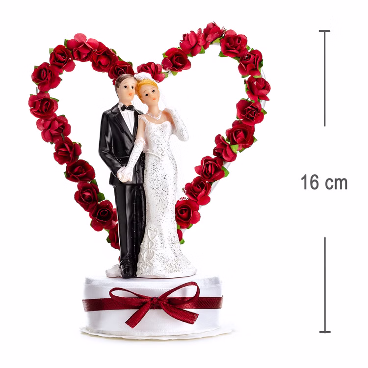 Figur Hochzeitspaar Herz Rot 16 cm Tortenaufsatz Tisch-Deko Party-Zubehör Party-Deko Dekoration Brautpaar Hochzeits-Deko Geschenkidee Hochzeitstorte Tortenfigur Hochzeitspaar mit rotem Rosenherz und Größenangabe 16 cm, detailreiche Hochzeitsdekoration für Torte oder Tisch.