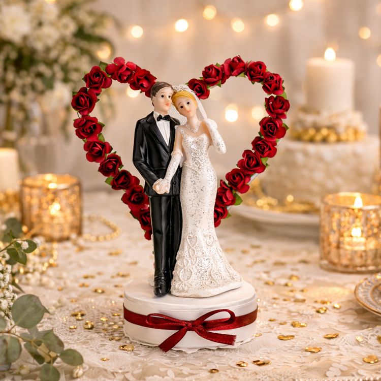 Figur Hochzeitspaar Herz Rot 16 cm Tortenaufsatz Tisch-Deko Party-Zubehör Tortenaufsatz Hochzeitspaar mit rotem Rosenherz, Braut in weißem Kleid und Bräutigam im schwarzen Anzug auf Sockel mit roter Schleife.
