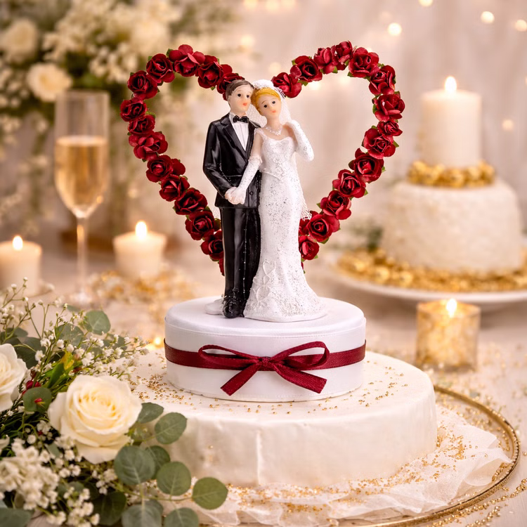 Figur Hochzeitspaar Herz Rot 16 cm Tortenaufsatz Tisch-Deko Party-Zubehör Party-Deko Dekoration Brautpaar Hochzeits-Deko Geschenkidee Hochzeitstorte Hochzeitstortenaufsatz Brautpaar mit rotem Rosenherz auf festlich dekorierter Hochzeitstorte, umgeben von Kerzen, Blumen und goldenen Details.