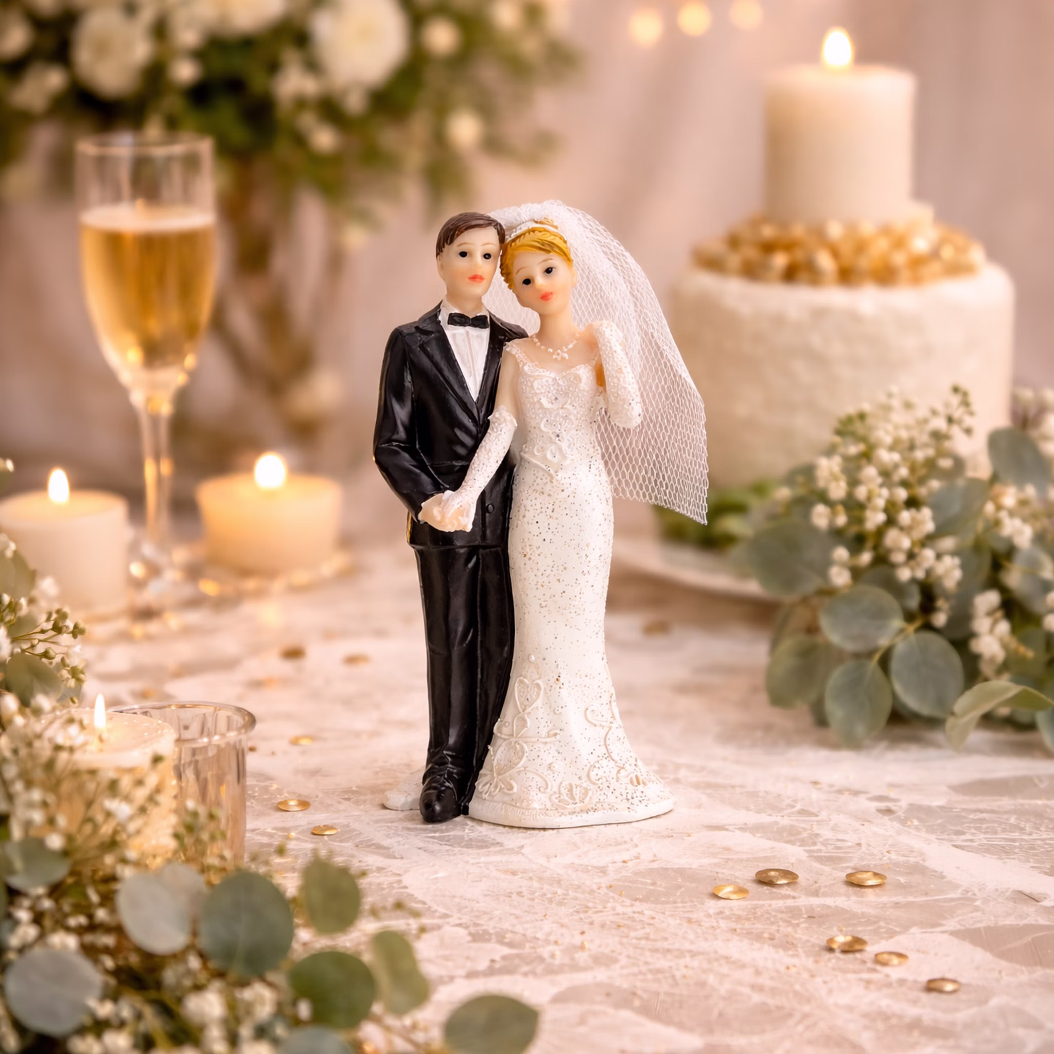 Figur Hochzeitspaar 11 cm Tortenaufsatz Tisch-Deko Party-Zubehör Party-Deko Dekoration Brautpaar Hochzeits-Deko Geschenkidee Hochzeitstorte Hochzeitsfigur Brautpaar als Tischdekoration auf festlich gedecktem Tisch mit Kerzen, Blumen und romantischer Beleuchtung.